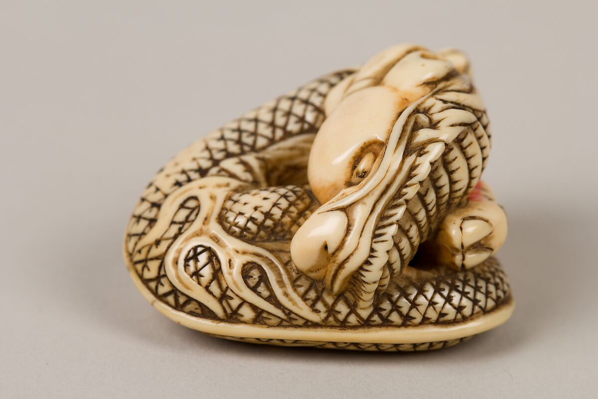 Netsuke of Coiled Dragon Enclosing a Pearl, Ivory, Japan 