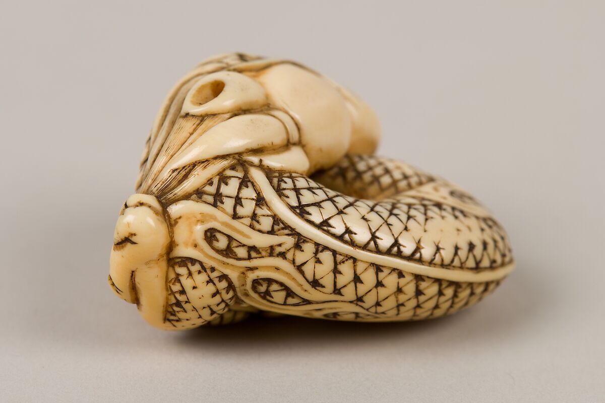 Netsuke of Coiled Dragon Enclosing a Pearl, Ivory, Japan