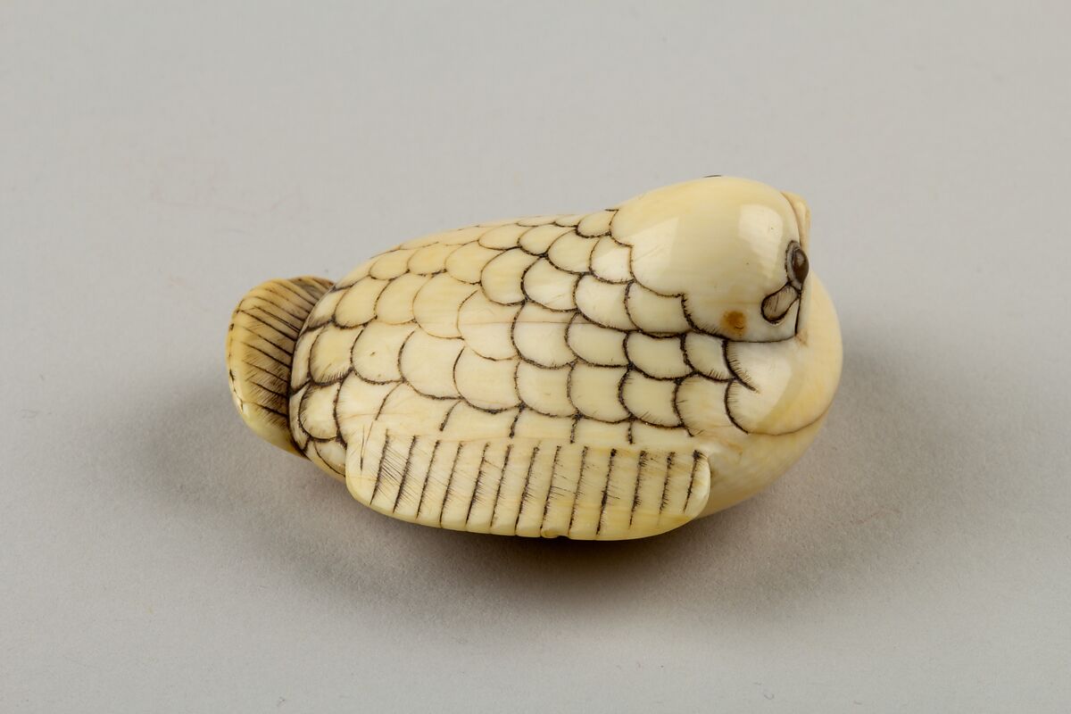 Netsuke of a Plum Sparrow, Ivory, horn, Japan