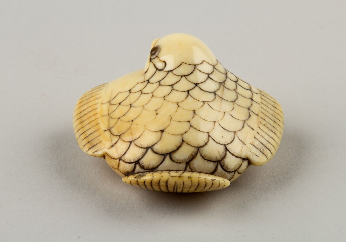 Netsuke of a Plum Sparrow, Ivory, horn, Japan