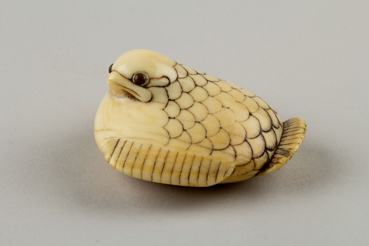 Netsuke of a Plum Sparrow, Ivory, horn, Japan