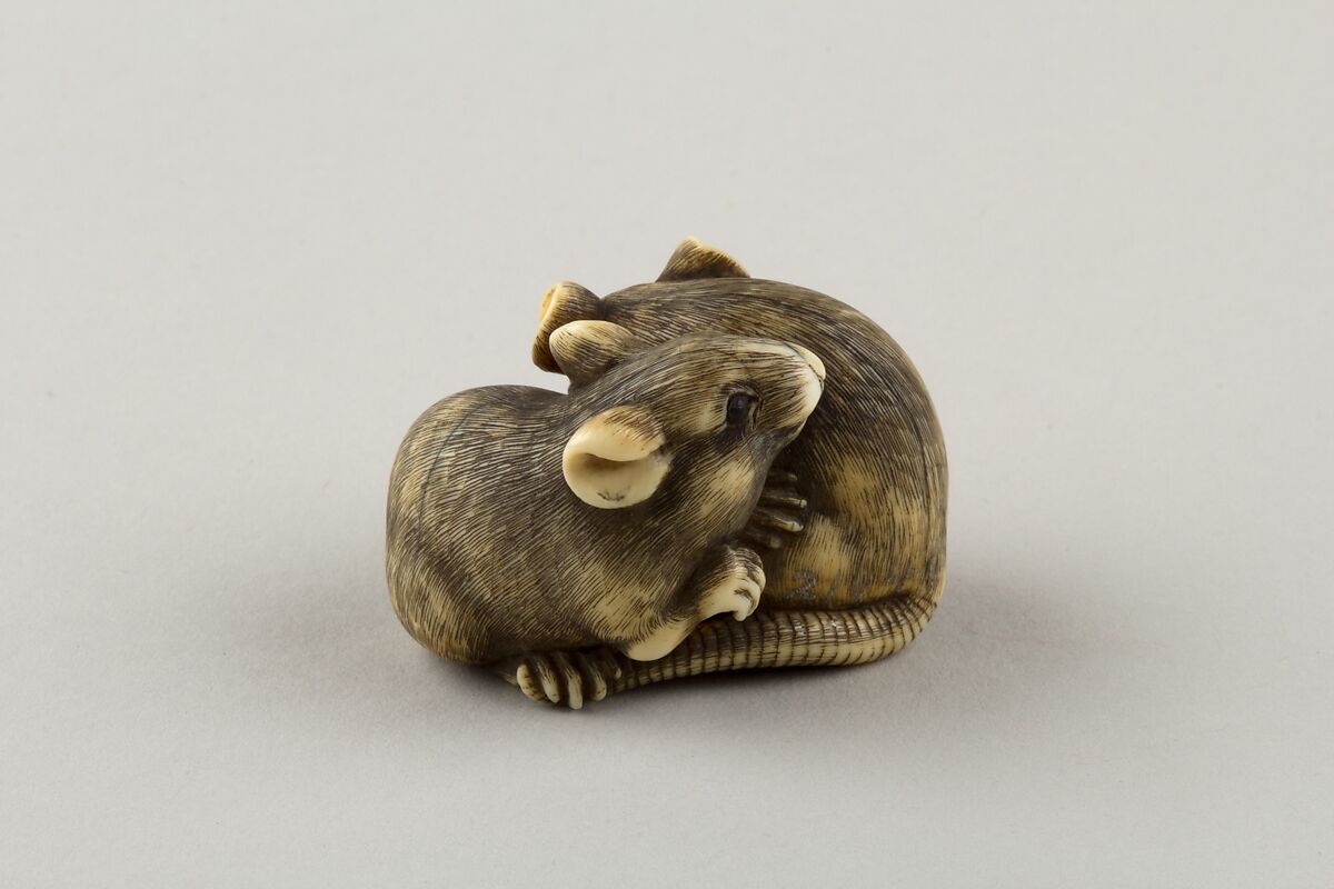 Netsuke of Two Rats, Okatori, Ivory, horn, Japan