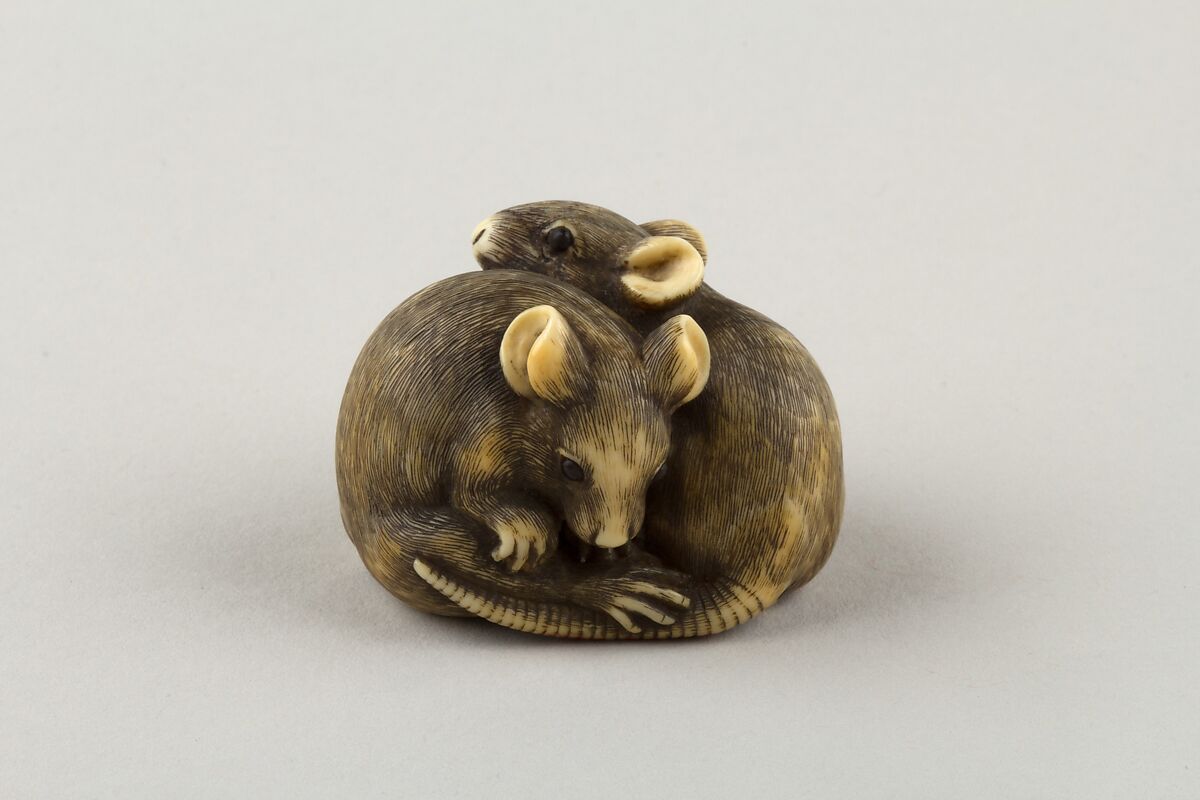 Netsuke of Two Rats, Okatori, Ivory, horn, Japan 