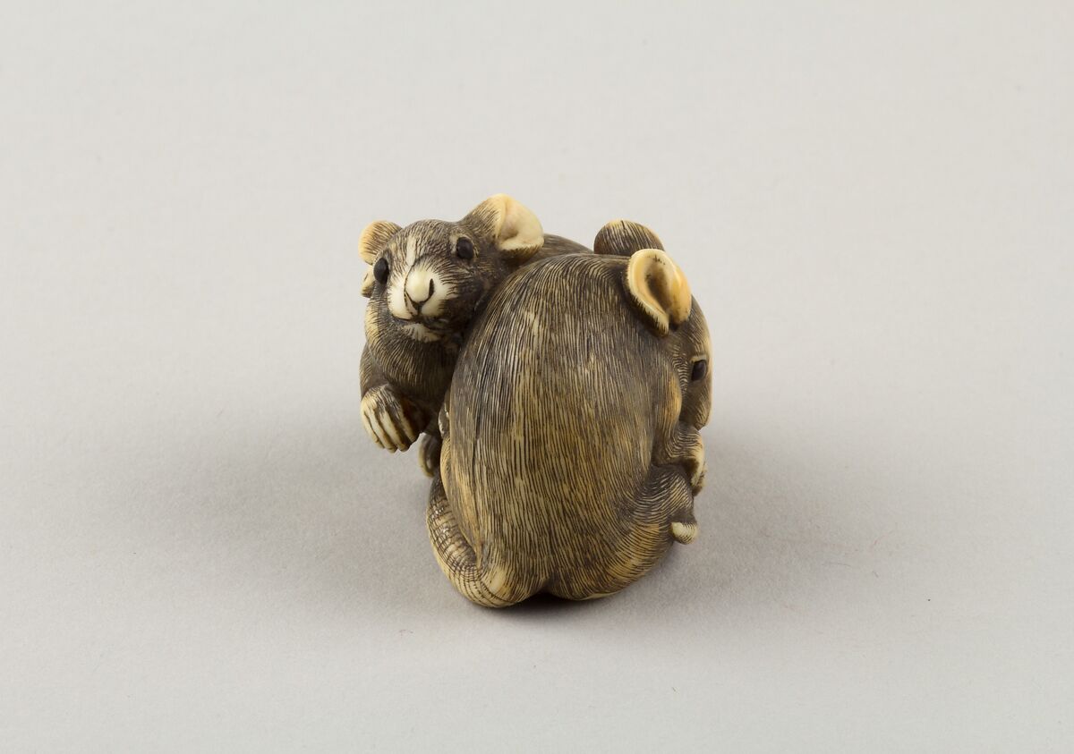 Netsuke of Two Rats, Okatori, Ivory, horn, Japan