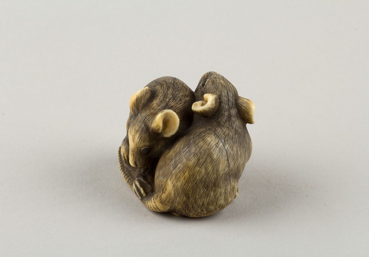 Netsuke of Two Rats, Okatori, Ivory, horn, Japan