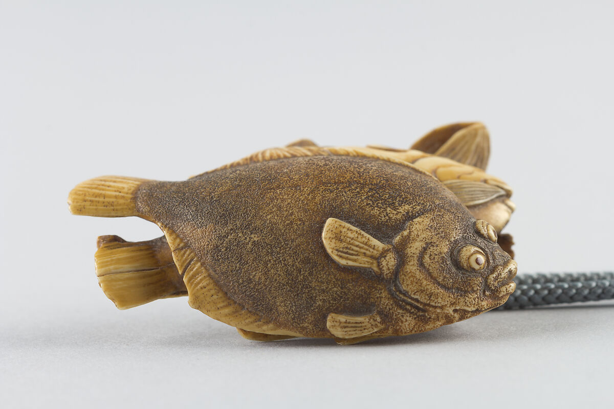 Netsuke of Fish on Bamboo Leaves, Jugyoku, Stippled ivory, Japan 