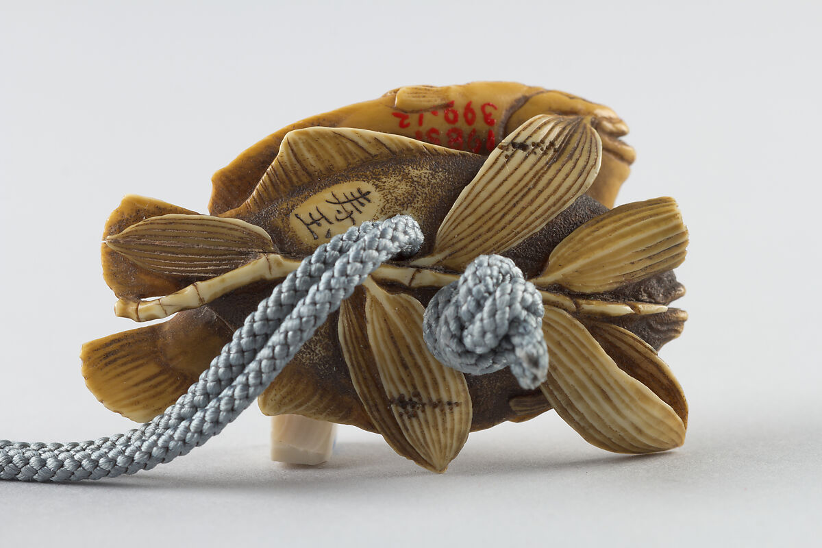 Netsuke of Fish on Bamboo Leaves, Jugyoku, Stippled ivory, Japan