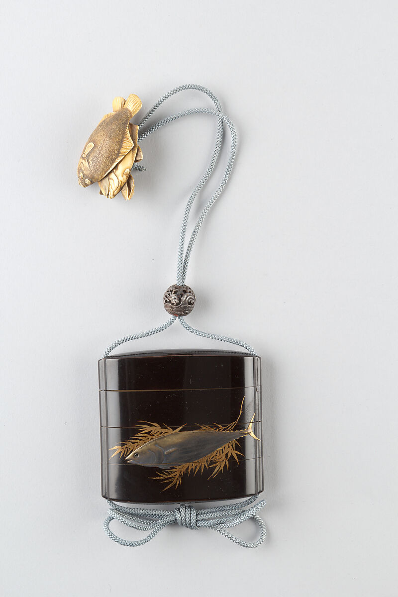 Netsuke of Fish on Bamboo Leaves, Jugyoku, Stippled ivory, Japan