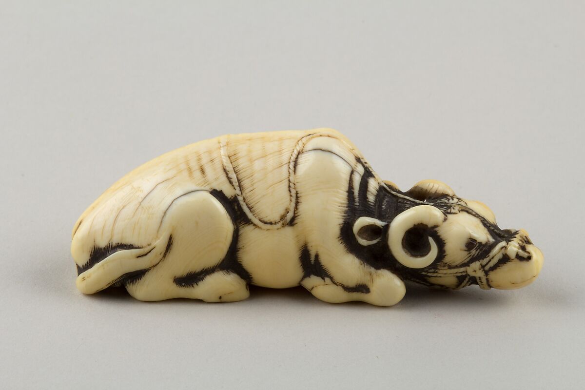 Recumbent Ox, Kiyozumi, Ivory, horn, Japan 