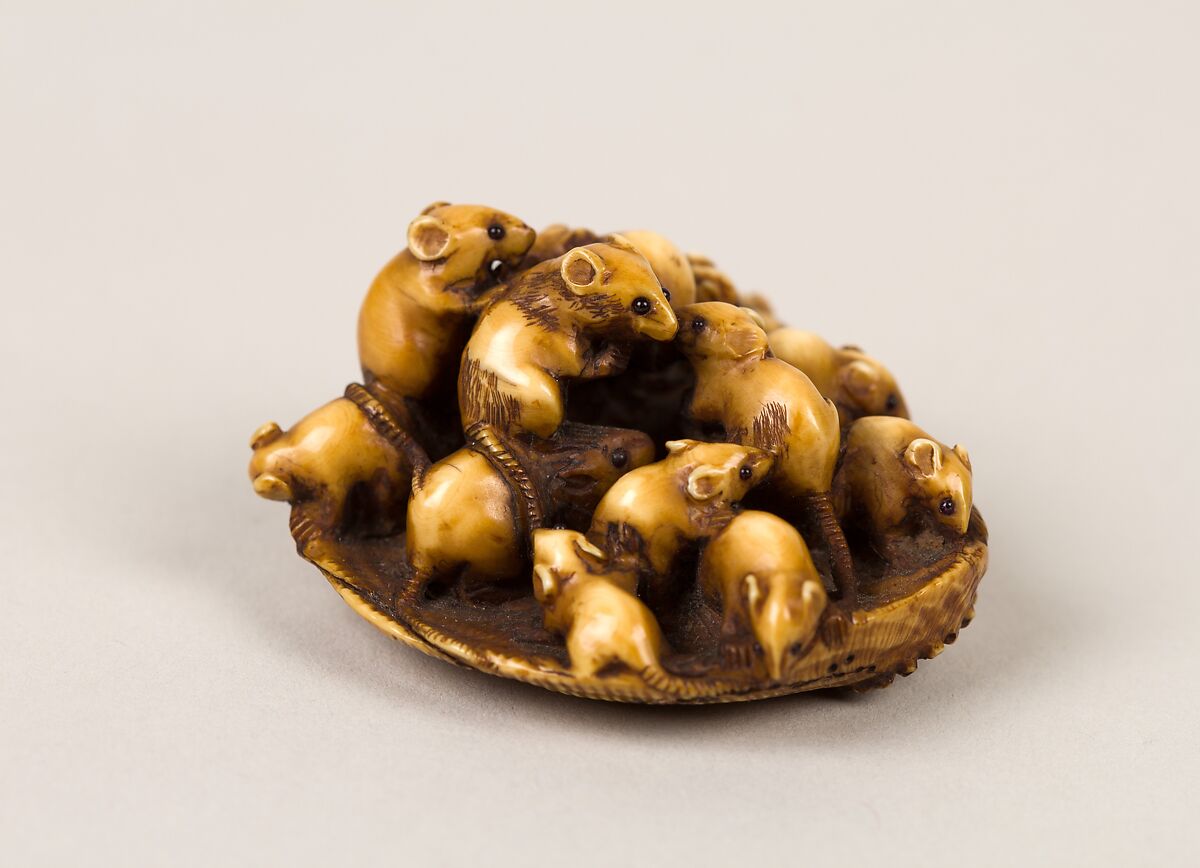 Netsuke of a Group of Rats Nestled in an Abalone Shell, Masamitsu, Ivory, horn, Japan 