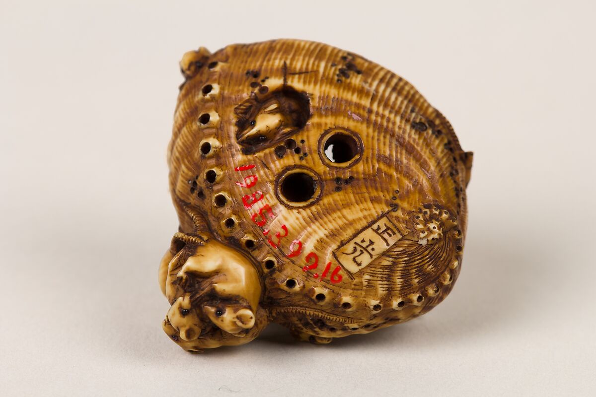 Netsuke of a Group of Rats Nestled in an Abalone Shell, Masamitsu, Ivory, horn, Japan