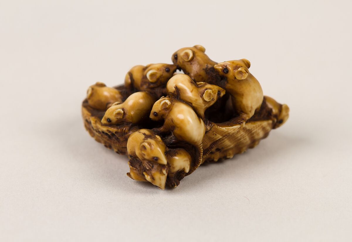 Netsuke of a Group of Rats Nestled in an Abalone Shell, Masamitsu, Ivory, horn, Japan