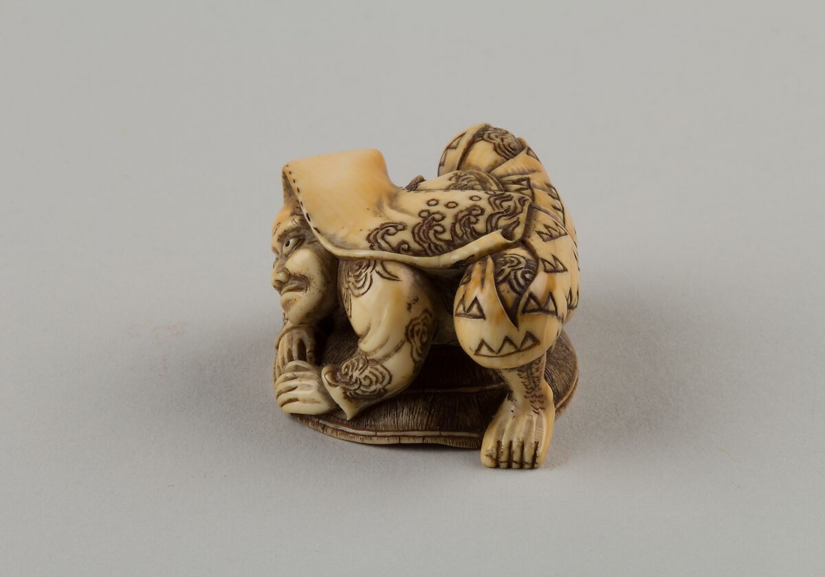 Netsuke of a Hunter Trying to Catch a Fox Beneath a Straw Hat, Shūōsai, Ivory, Japan