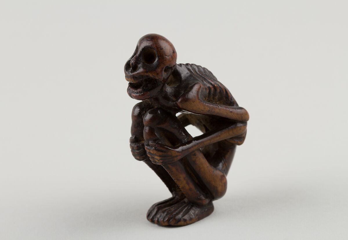 Netsuke of Crouching Figure of a Skeleton, Wood, Japan 