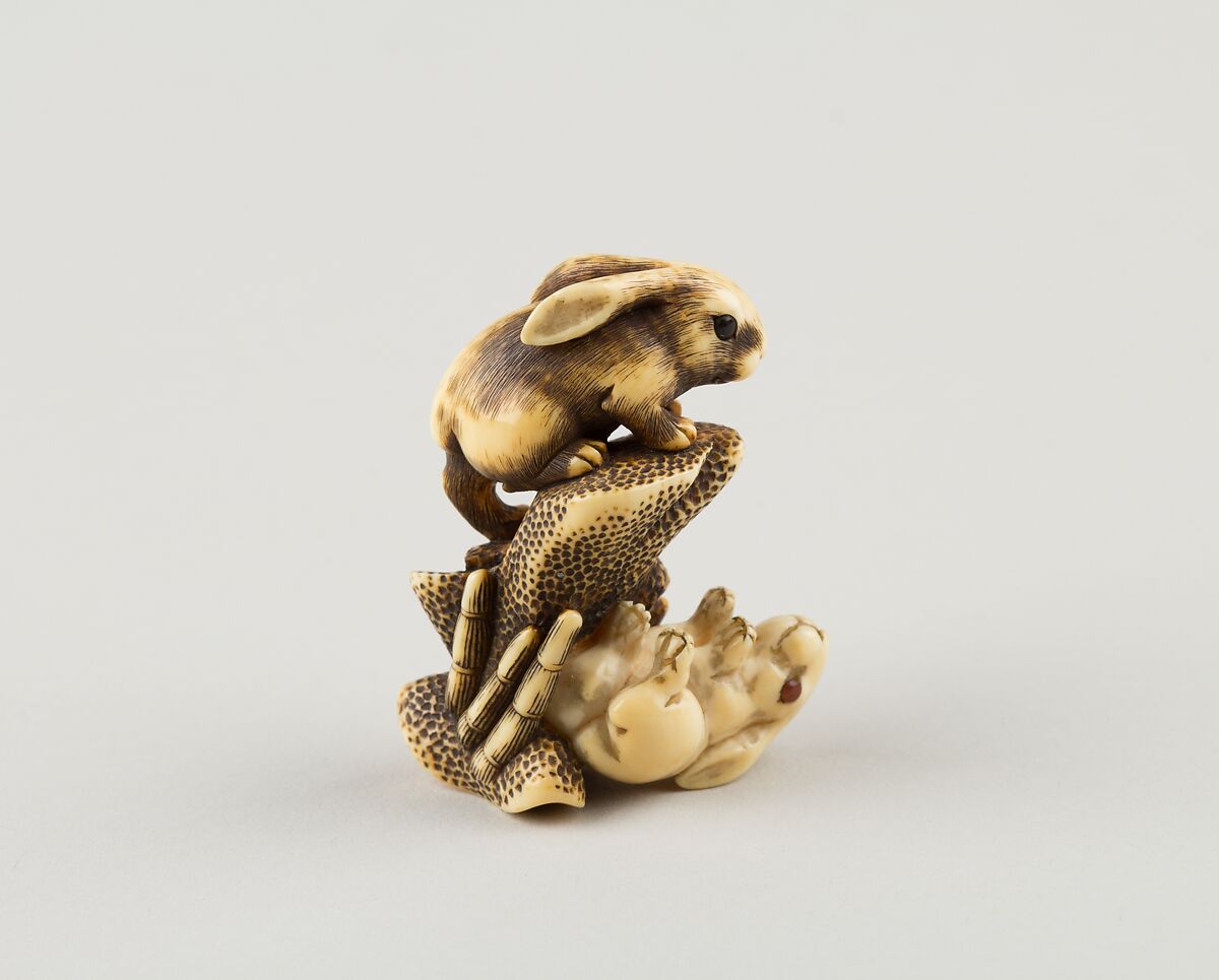 Netsuke of Two Rabbits and a Rock, Mitsuharu, Ivory; coral and horn inlay, Japan