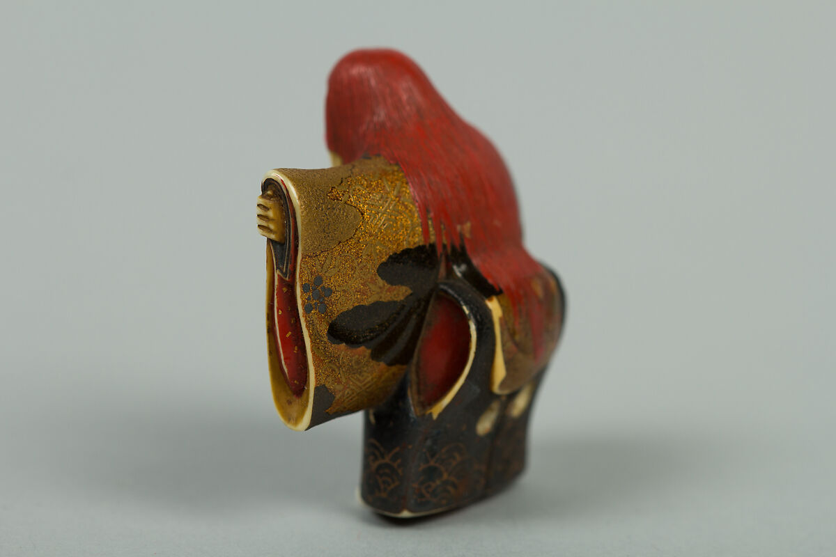 Netsuke of Shōjō Dancer, Ivory with gold, silver, and color hiramaki-e, Japan