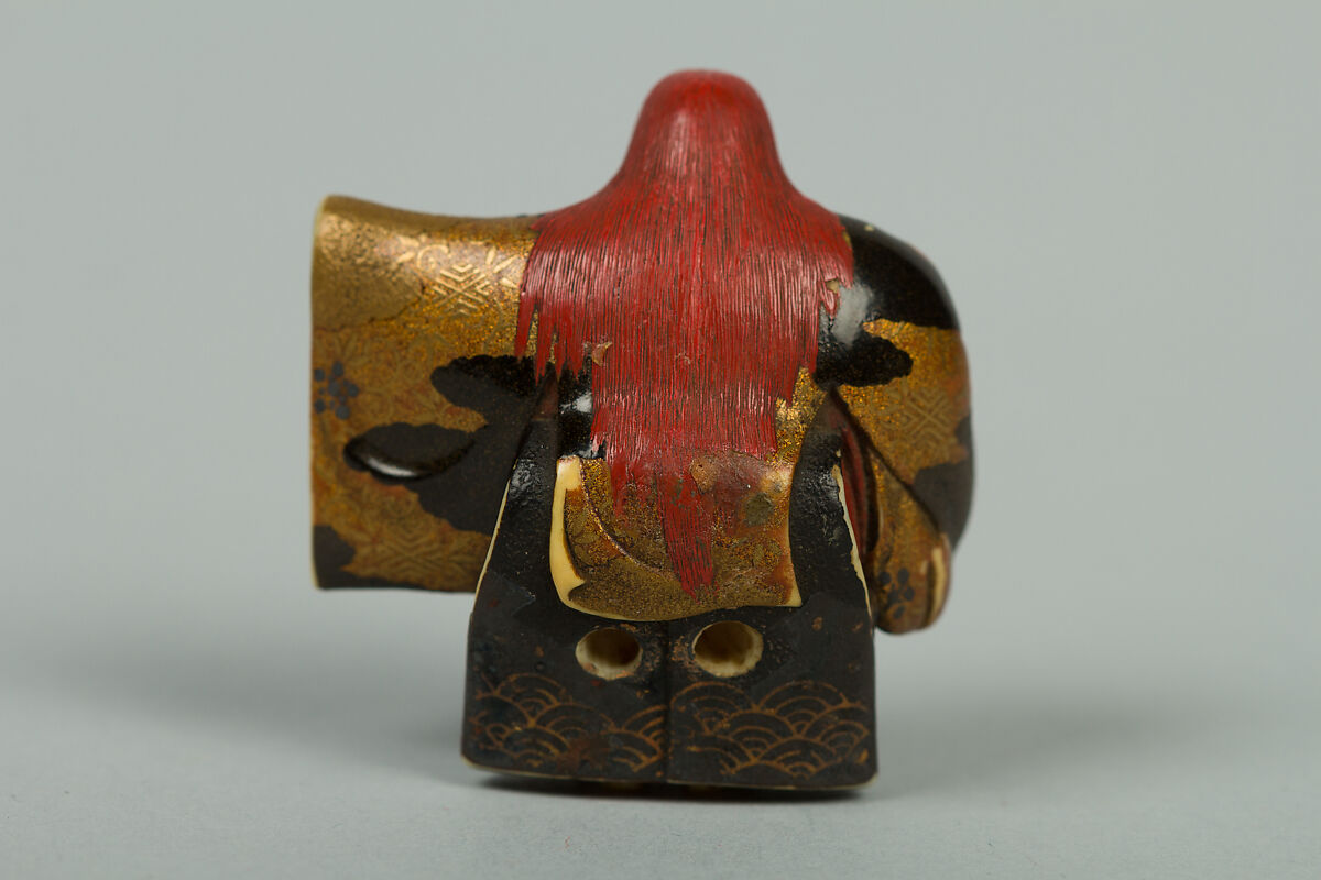 Netsuke of Shōjō Dancer, Ivory with gold, silver, and color hiramaki-e, Japan