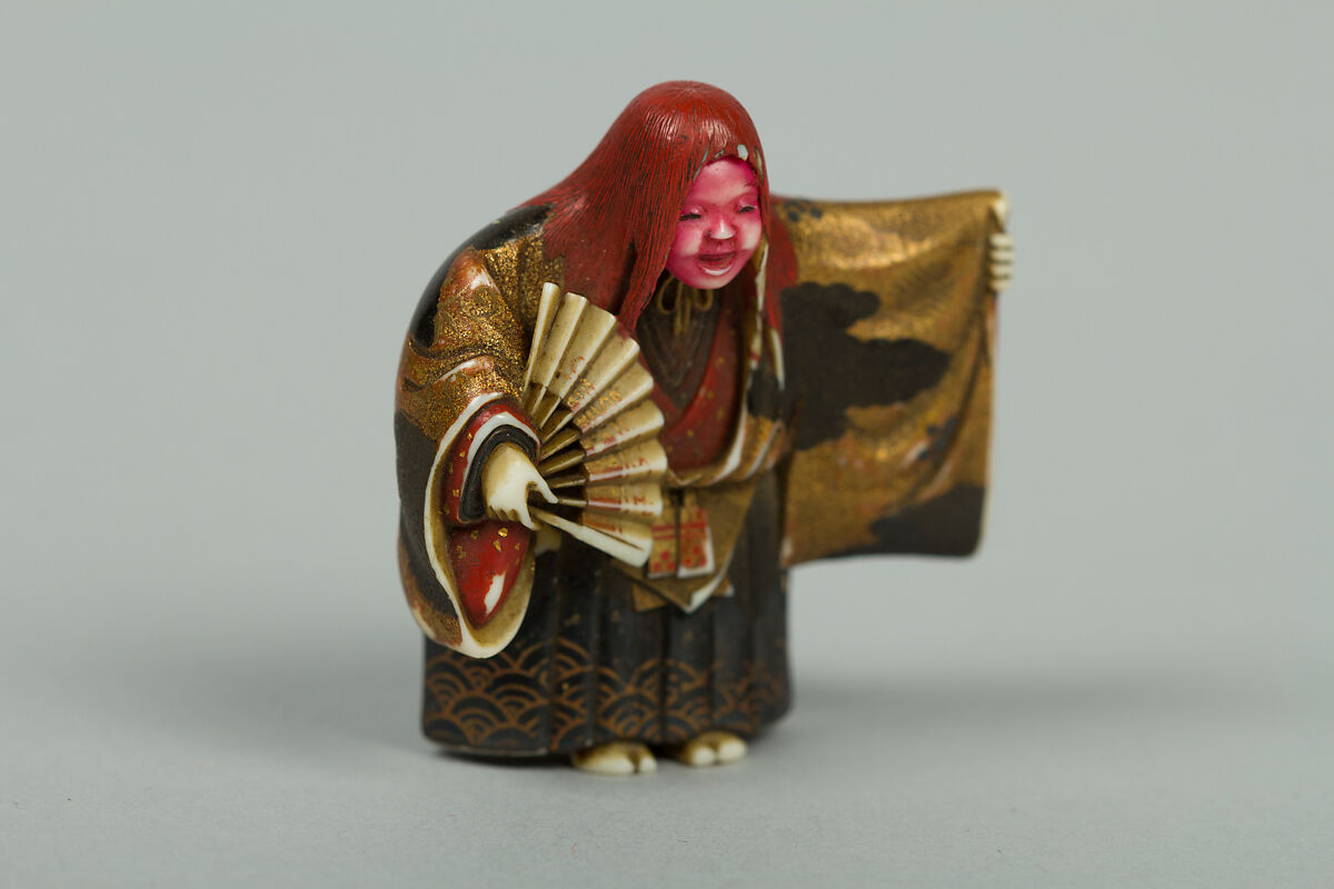 Netsuke of Shōjō Dancer, Ivory with gold, silver, and color hiramaki-e, Japan