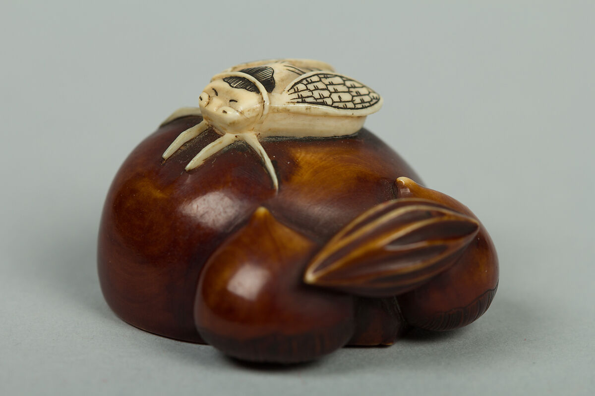 Netsuke of Chestnuts and a Fly, Ivory stained brown, Japan 