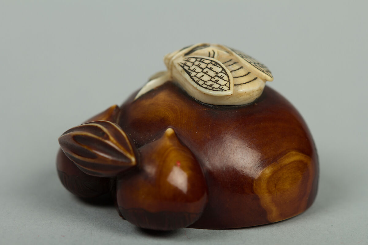 Netsuke of Chestnuts and a Fly, Ivory stained brown, Japan