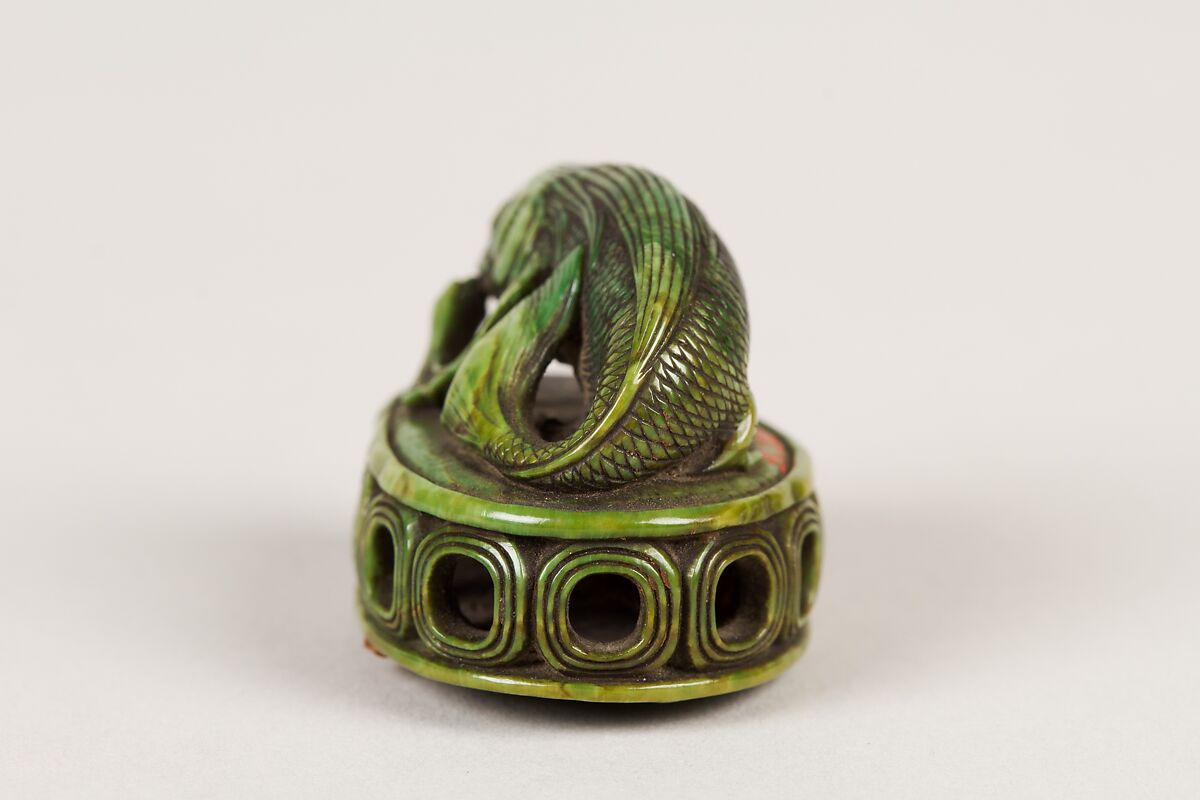 Netsuke of Fish on a Seal, Ivory stained green, Japan