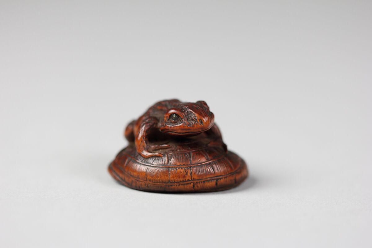 Netsuke of Frog on a Straw Hat, Wood, Japan 