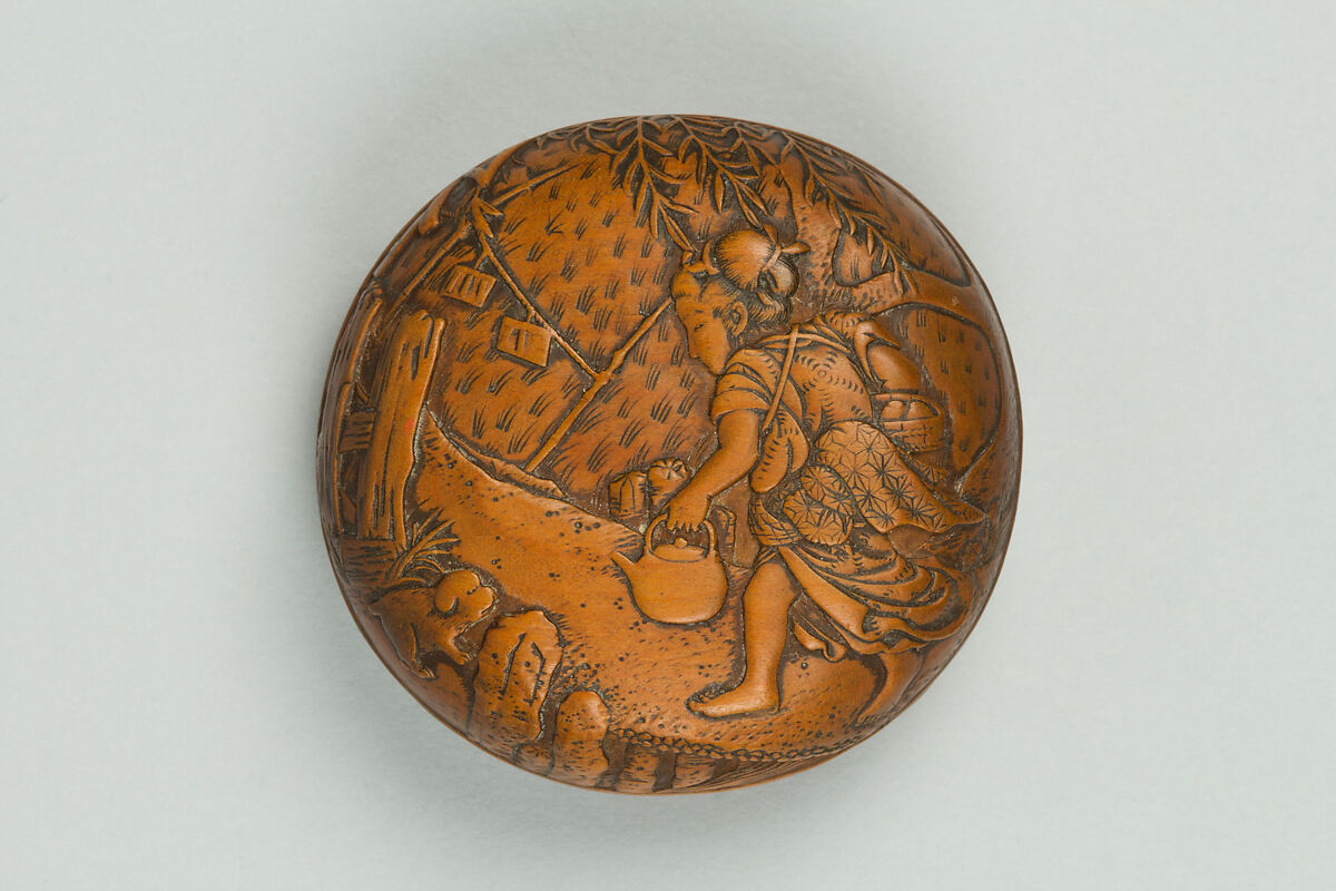 Netsuke of Peasant Girl Bringing Lunch; on reverse, a Scarecrow, Wood, Japan 