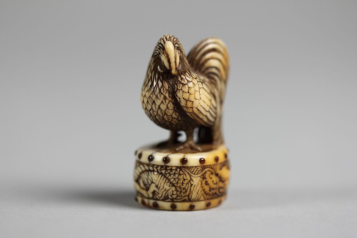 Netsuke of the Fowl on the Drum of the Wise Emperor, Ivory, Japan 