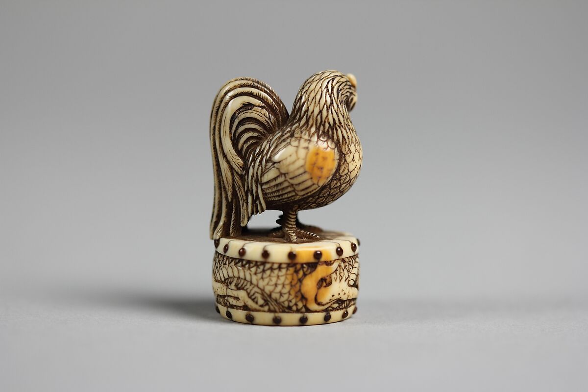 Netsuke of the Fowl on the Drum of the Wise Emperor, Ivory, Japan