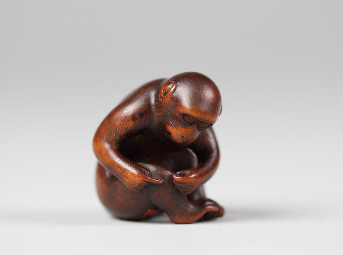 Netsuke of Monkey Catching Fleas, Wood, Japan 