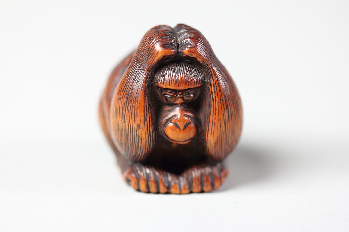 Netsuke of Monkey Scratching His Head, Wood, Japan 