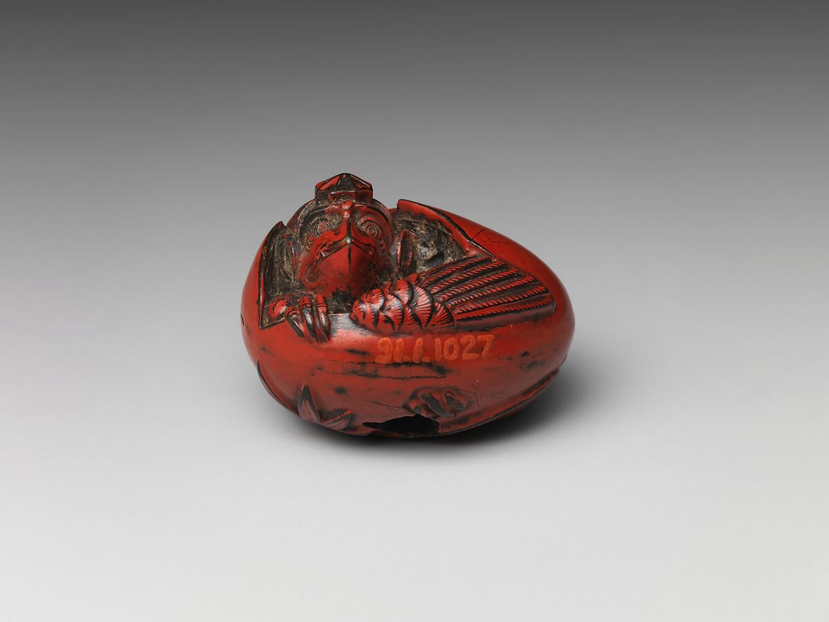 Tengu Hatching from an Egg, Wood with red lacquer, Japan 