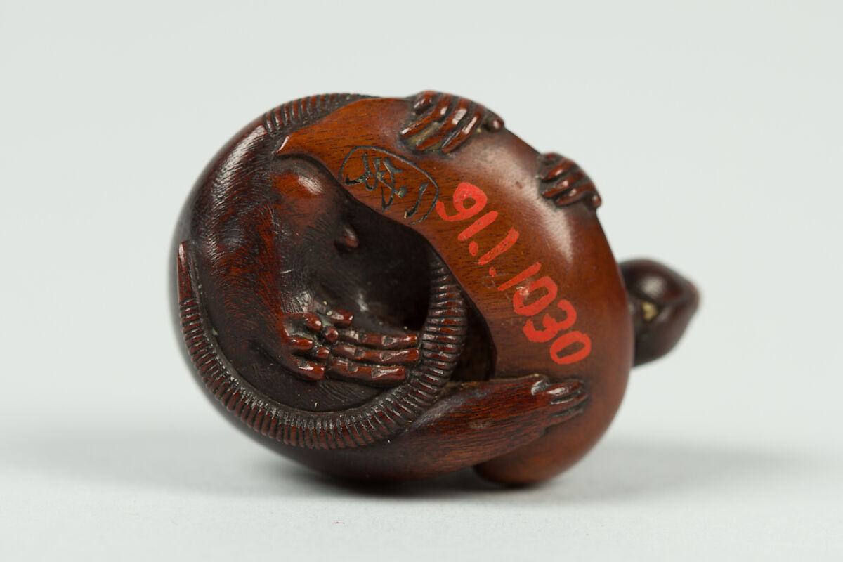 Netsuke of a Rat Grasping a Soybean Pod, Wood, Japan