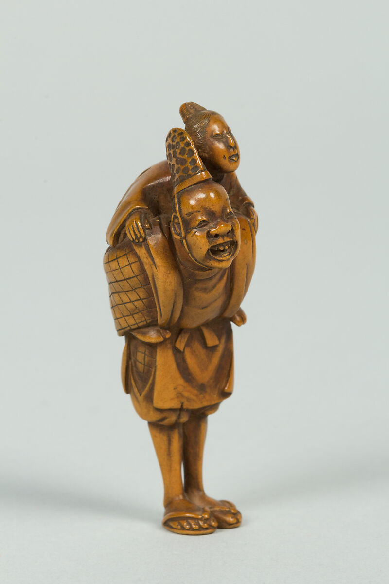 Netsuke of Man with Boy on His Back, Wood, Japan 