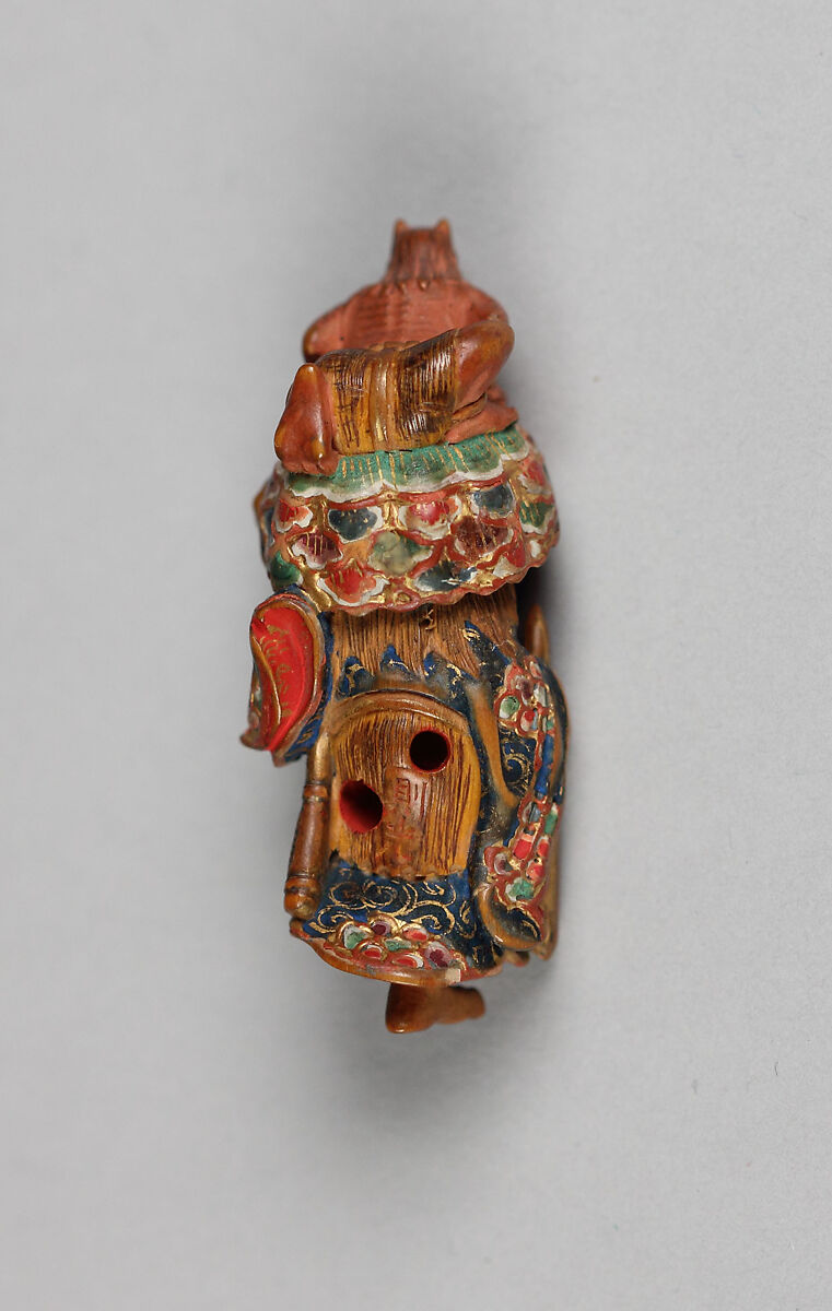 Netsuke of Man with an Ōni on His Hat, Lacquered wood, Japan