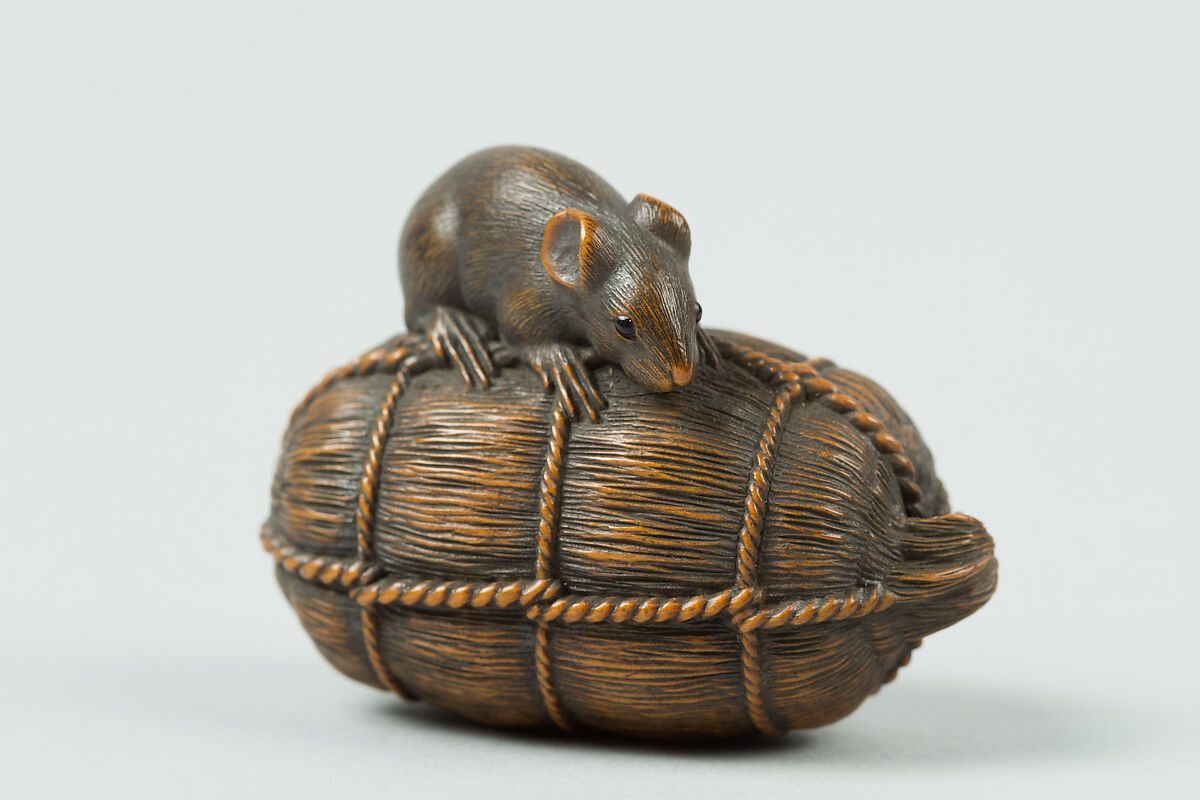 Netsuke of Rat on a Bale of Rice, Wood, Japan 
