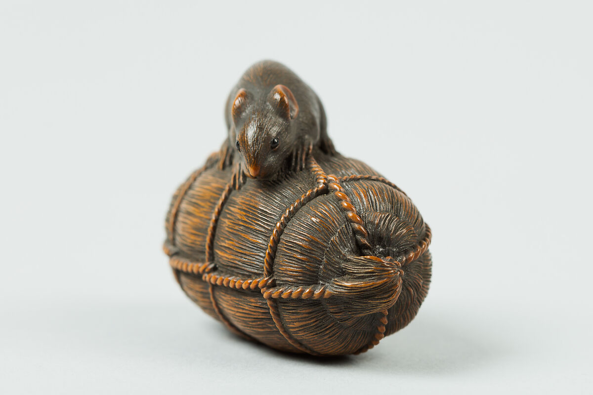 Netsuke of Rat on a Bale of Rice, Wood, Japan