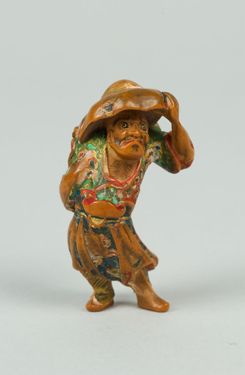 Netsuke of Farmer with a Big Hat, Lacquered wood, Japan 