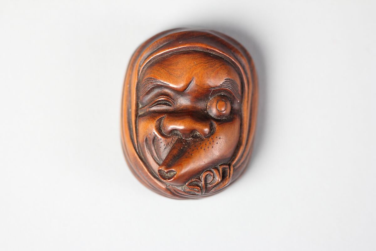 Netsuke of Noh Mask: One-Eyed Hyottoko, Wood, Japan 