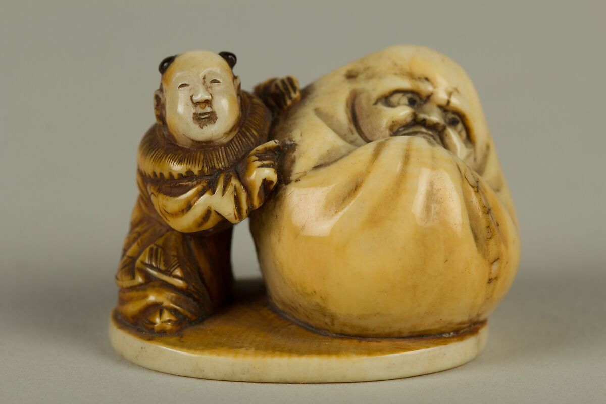 Netsuke of Dharma with a Small Boy, Ivory, Japan 