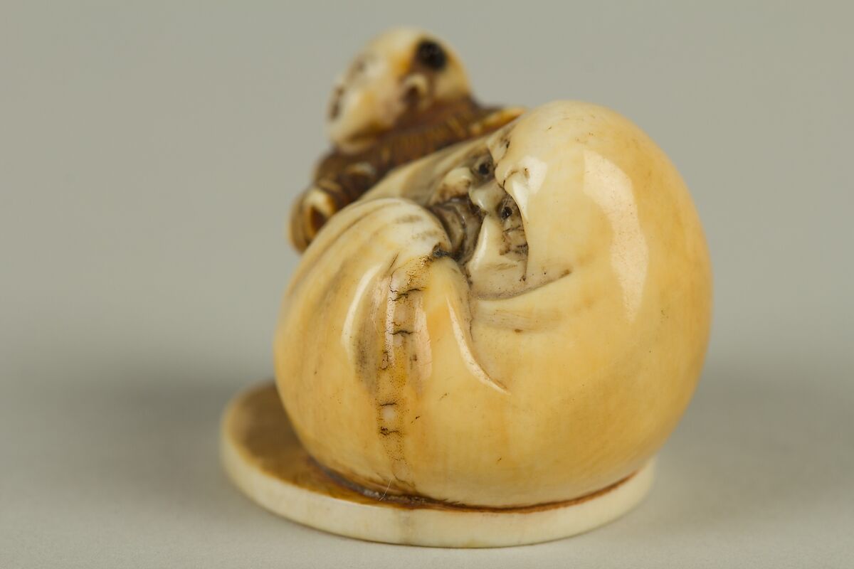Netsuke of Dharma with a Small Boy, Ivory, Japan