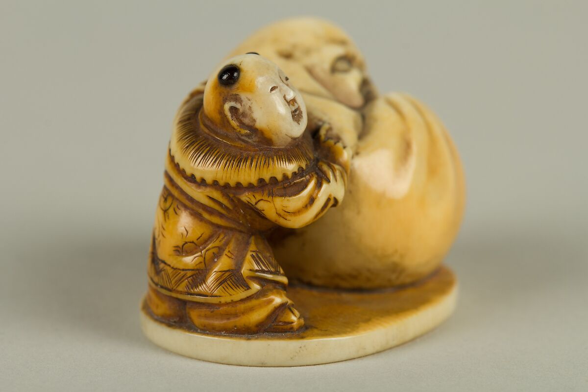 Netsuke of Dharma with a Small Boy, Ivory, Japan