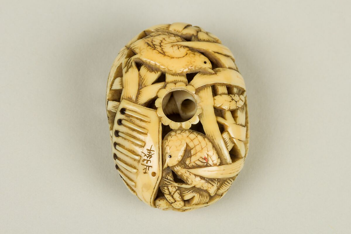 Netsuke of Quail and Millet, Ivory, Japan