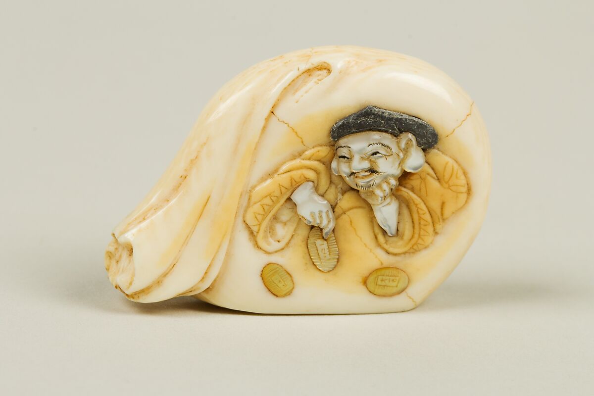 Netsuke of Daikoku with Mallet and Bag, Ivory inlaid with various colored stones, Japan