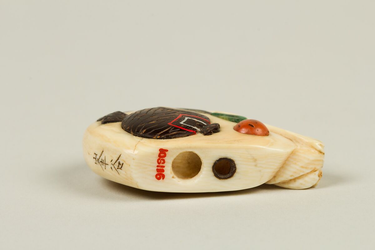 Netsuke of Daikoku with Mallet and Bag, Ivory inlaid with various colored stones, Japan