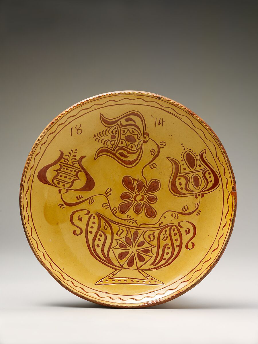 Plate, Attributed to Heinrich Stofflet (active 1812–30), Earthenware; Redware with sgraffito decoration, American 