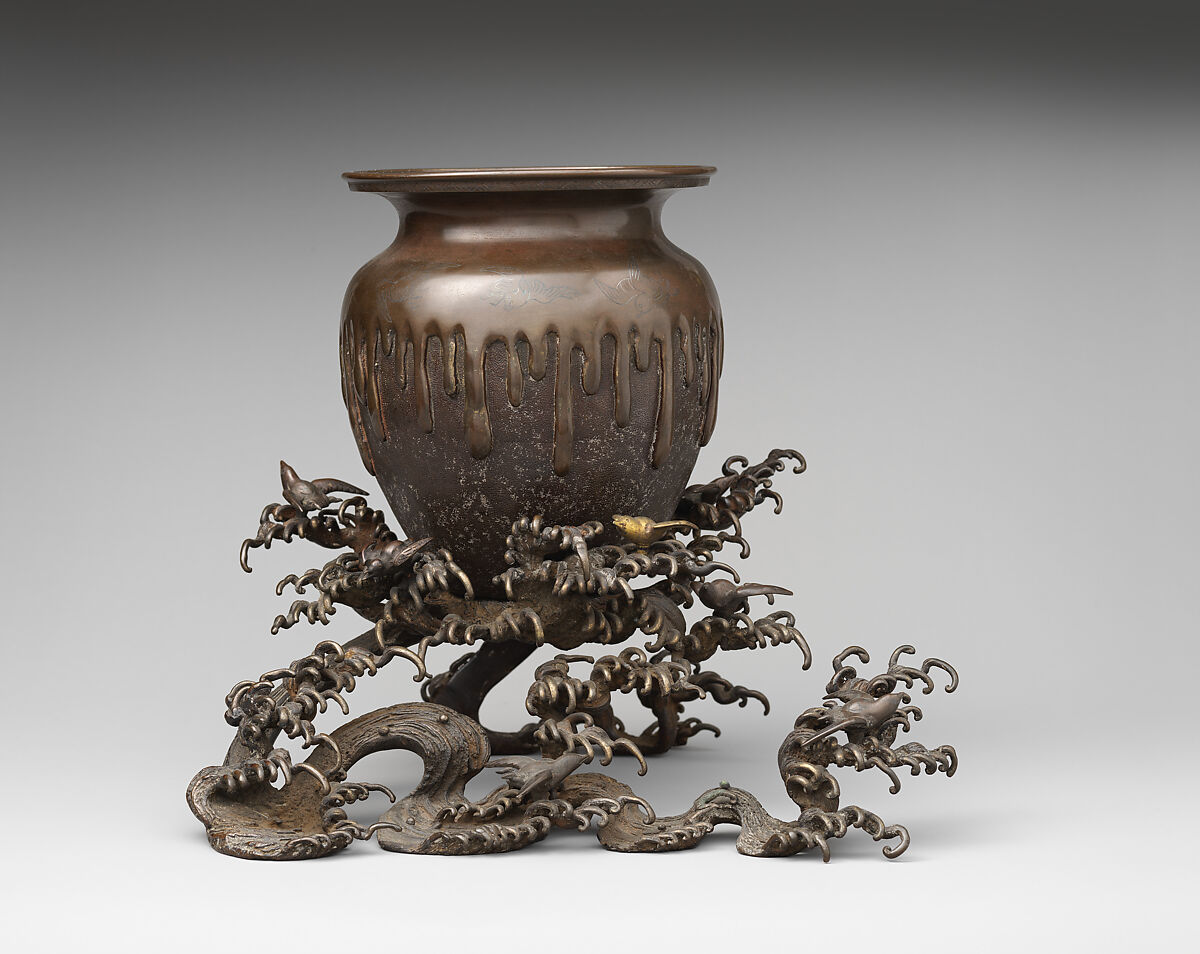 Vase, Copper alloy with inlaid silver details, Japan