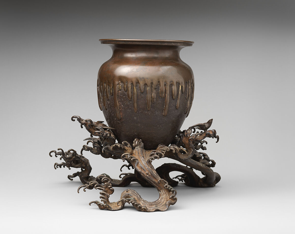 Vase, Copper alloy with inlaid silver details, Japan