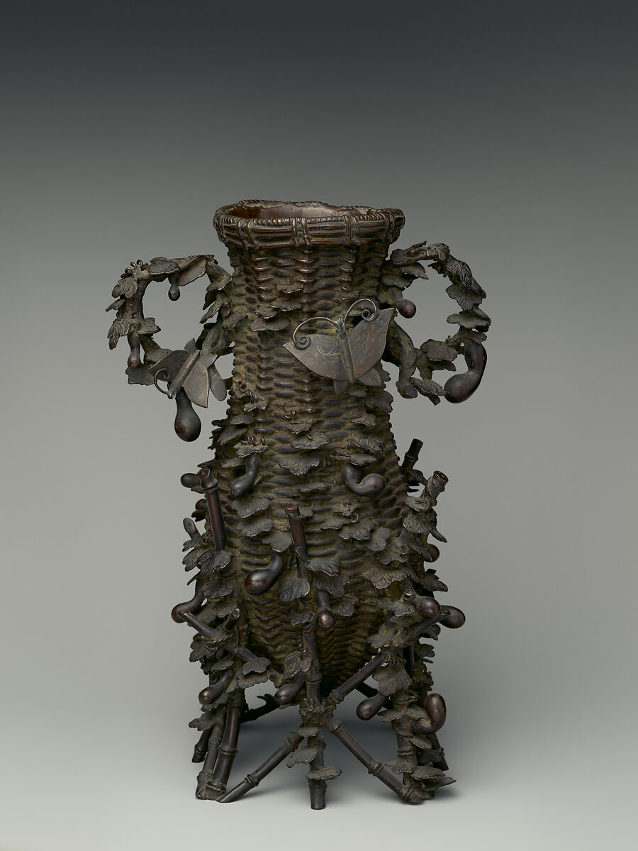 Vase, Copper alloy with inlaid silver and gold, Japan 