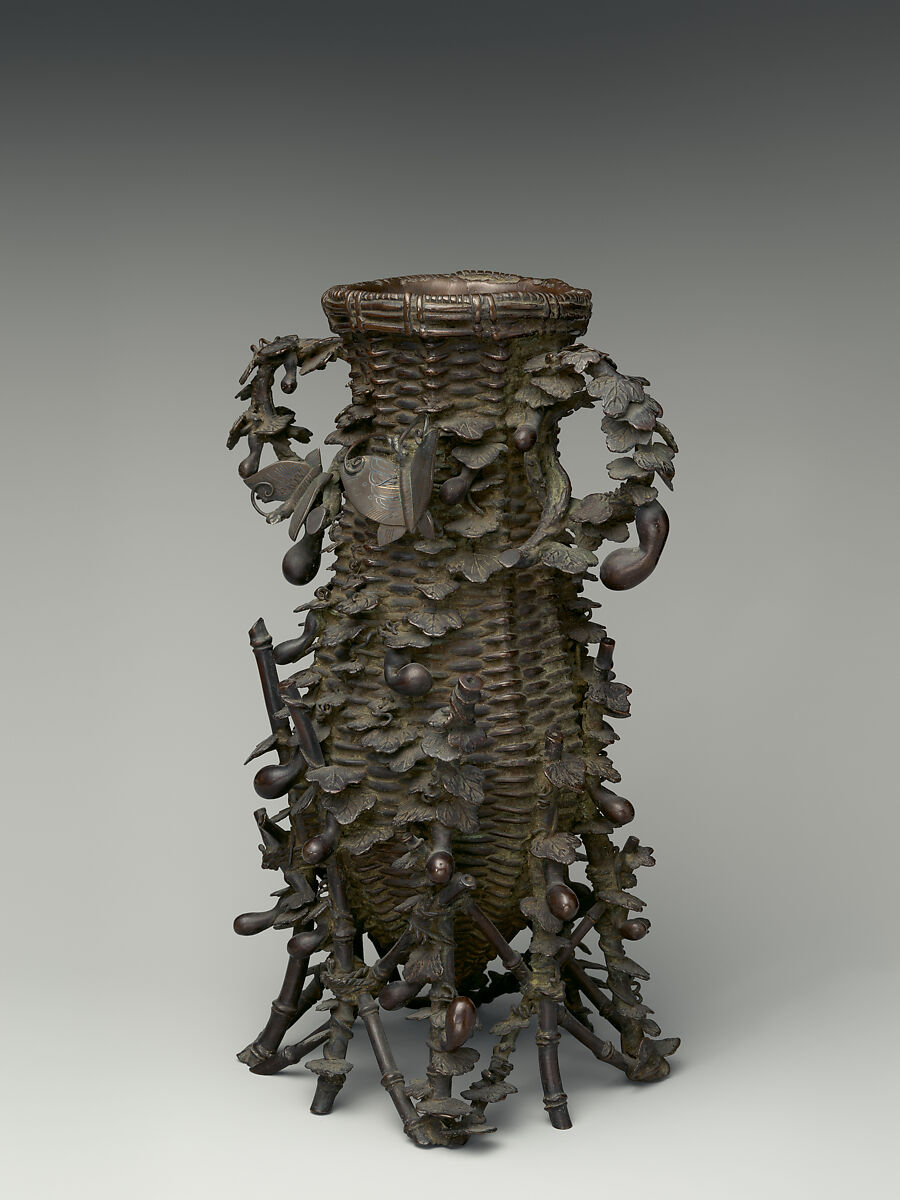 Vase, Copper alloy with inlaid silver and gold, Japan